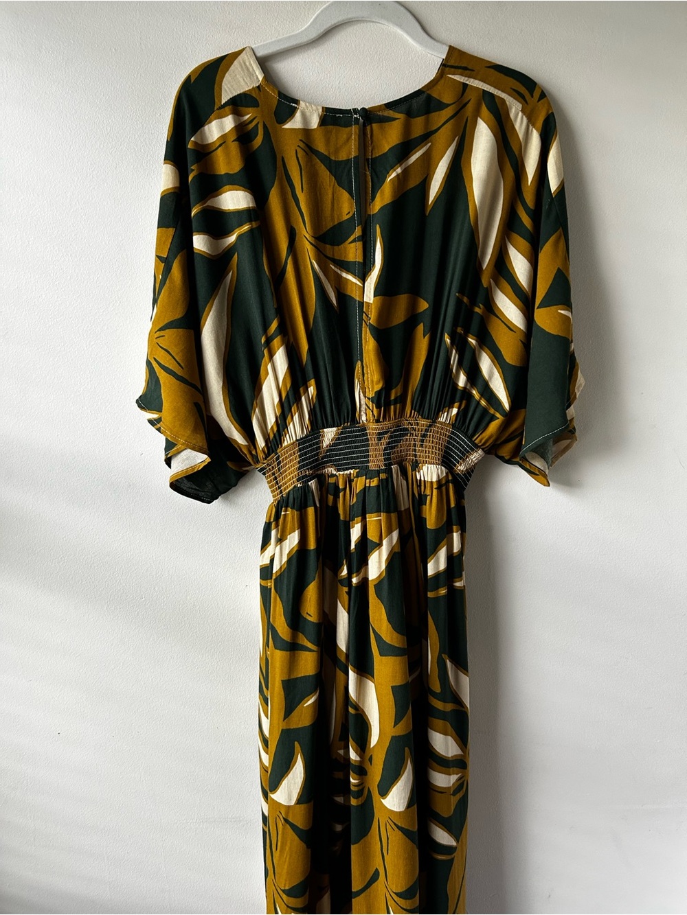 Boho Tropical Dress Forum Kimono Sleeve Maxi Floral Dress Forest Green Tan Cream - Picture 7 of 11